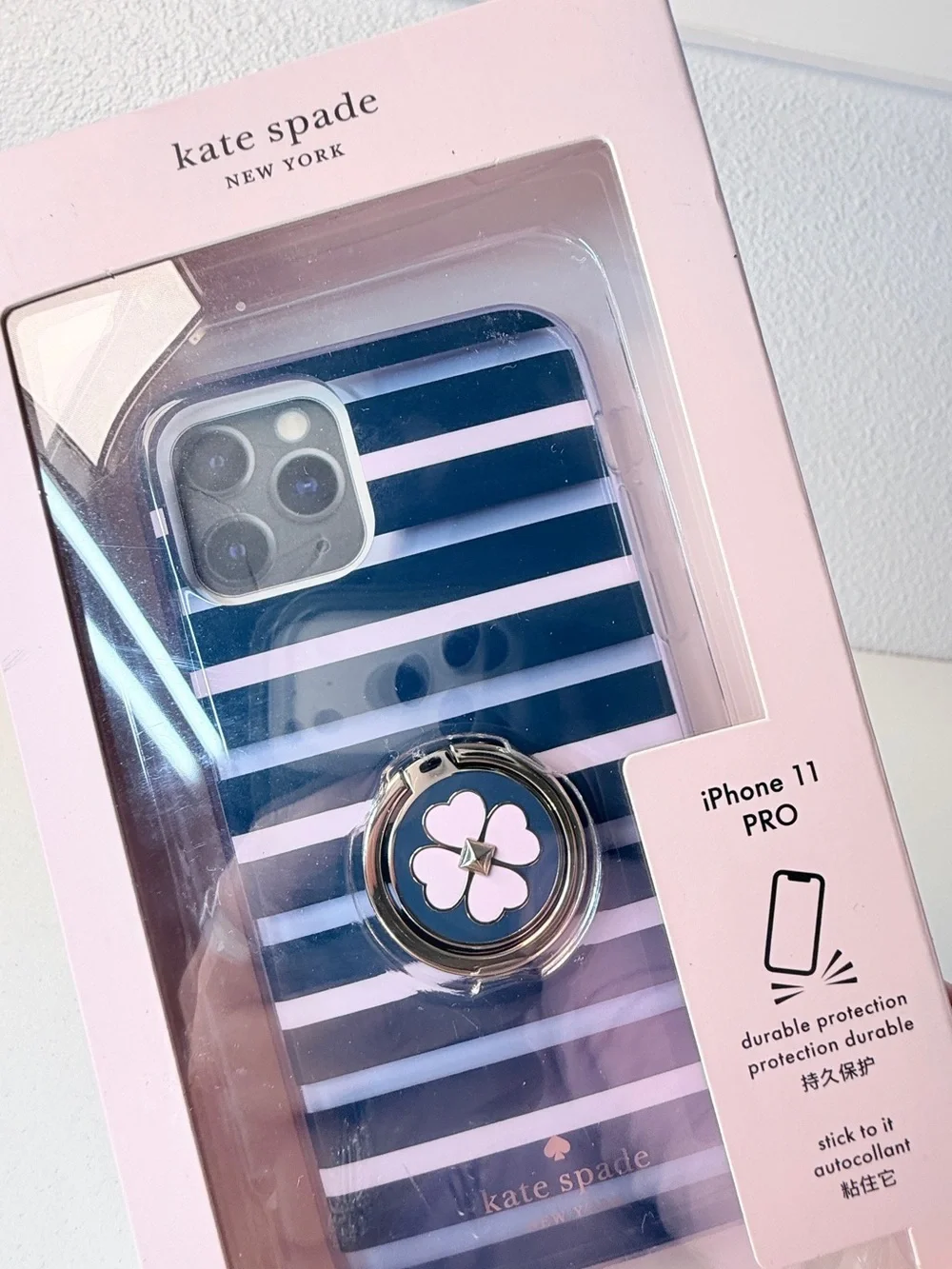 kate spade Navy & White Striped iPhone 11 Pro Case with Pink Flower Ring Stand